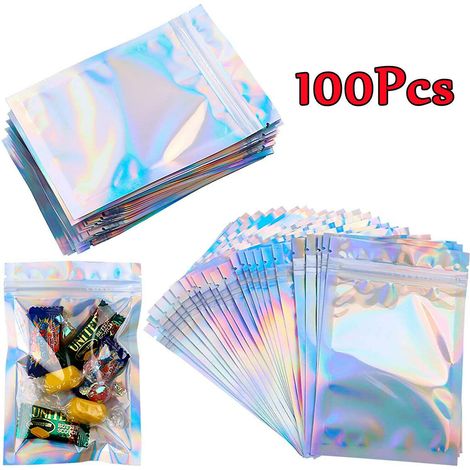 100 sachets zip en feuille holographique 7 x 10 cm, pochettes cadeaux refermables en Mylar pour échantillons, bonbons, bijoux, faux cils et gloss à lèvres. (1/5)