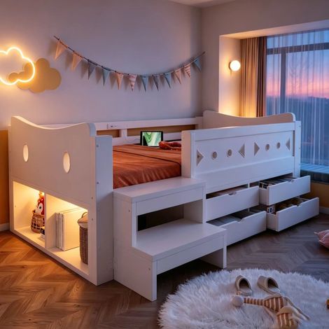 Cama infantil 90x200, cama individual con cajones y barrera, cama de madera blanca con LED y USB, sin colchón (1/5)