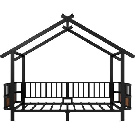 Letto per bambini in metallo a forma di casa con barriera di sicurezza, nero, 90 x 200 cm (1/5)