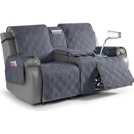 Couverture imperméable Loveseat avec console, Couverture anti-dérapage Loveseat avec console avec poche, Couverture de canapé couchant séparé Protecteur de meubles, 2 places, gris foncé (1/5)