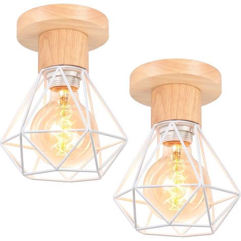 Lot de 2 plafonniers, lustre industriel, plafonnier rétro en forme de cage métallique, suspension vintage, lumière chaude 3000 K (Blanc) (1/5)