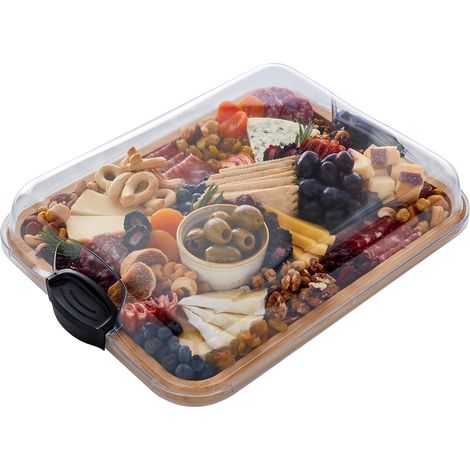 Schneidebrett aus Bambus mit wiederverschließbarem, transparentem Deckel und schwarzem Griff, ideal zum Schneiden von gekochten Speisen, Snacks usw., ein Fach