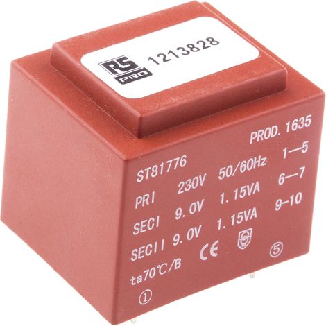 Transformateur pour circuit imprimé, Vin V c.a., Vout 2 x 9V c.a., 2 sorties, 2.3VA ( Prix pour 1 ) (1/2)