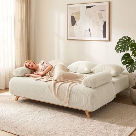 Schlafsofa mit verstellbarer Rückenlehne, Bettfunktion, verstecktem Stauraum und Cordbezug, Beige (1/5)