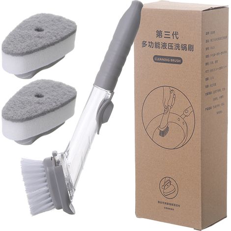 Liquide automatique Brosse Hydraulique pour Ustensiles de Cuisine, Lot Brosse Poêle Bol 1 Manche + 1 Brosse + 2 Éponges (1/5)