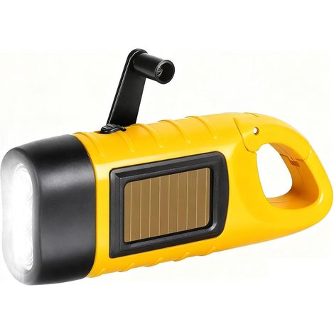 (Jaune)Lampe Torche Solaire, Lampe de Poche LED d’Urgence avec Mousqueton, Lampe Dynamo Manivelle Portable pour Plein Air Camping Pannes (1/5)