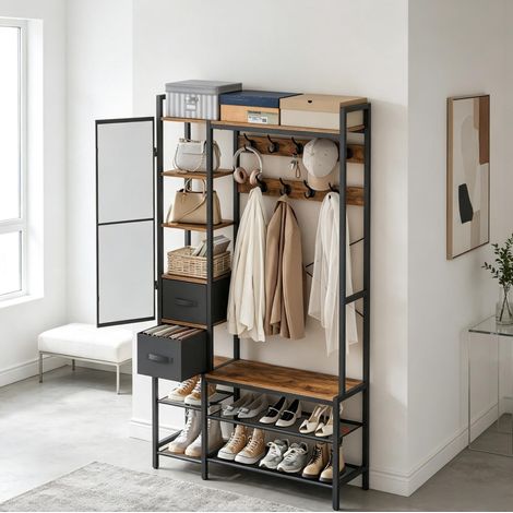 Perchero de recibidor 6 en 1 con espejo, banco y zapatero 100x30x180 cm OKWISH (1/3)