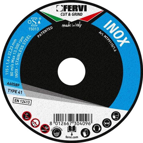 Disco da taglio per inox 115x1,6x22 mm a60sx Fervi mtp9115/1.6
