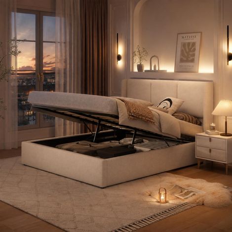 Cama doble 160×200 cm – Cama con arcón – Cabecero capitoné – Somier de láminas – Lino beige (1/5)
