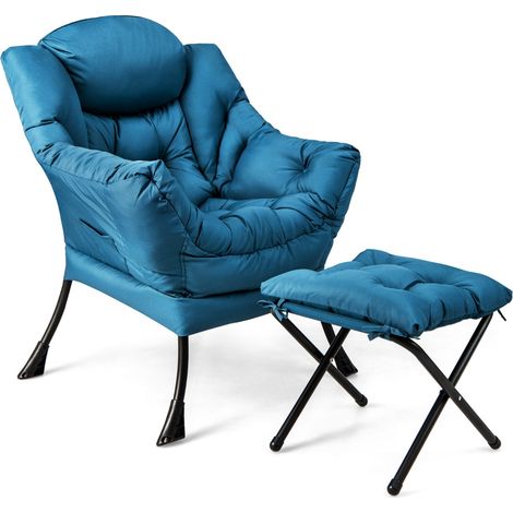Poltrona pigra con cuscino braccioli tasca laterale poggiapiedi, Poltrona da lettura moderna Blu (1/4)