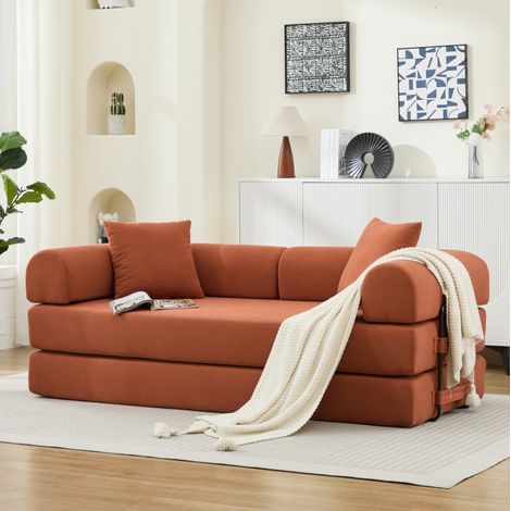 Divano letto 200x90x75 cm, trasformabile in letto, senza montaggio, tessuto in corduroy arancione (1/5)
