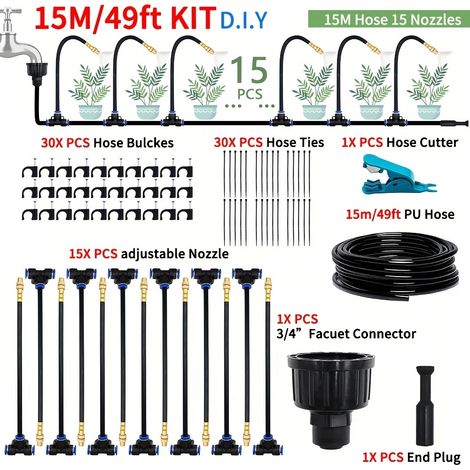 Kit irrigation goutte à goutte 15m, système arrosage automatique avec buses 360°, tuyau flexible anti-fuite pour jardin, serre et plantes extérieures (1/5)