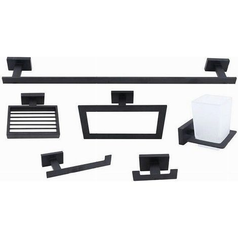 TRADE SHOP - Set Bagno Rettangolare Nero 6pz Porta Asciugamano Rotolo Bicchiere Spazzolino 87262 - (1/5)