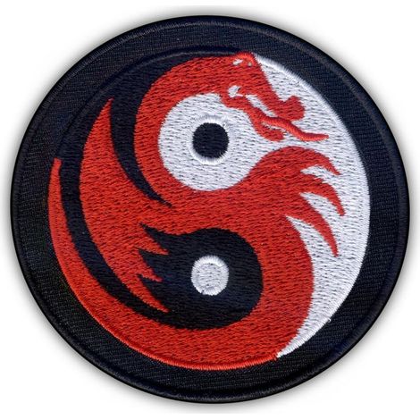 Écusson Yin Yang blanc et noir avec dragon rouge - Thermocollant - Écusson brodé
