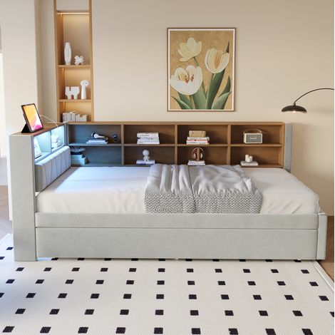 Divano letto 213x103x98 cm, letto estraibile 90x190 cm, LED, prese di ricarica, vani contenitore, flanella grigio chiaro (1/5)