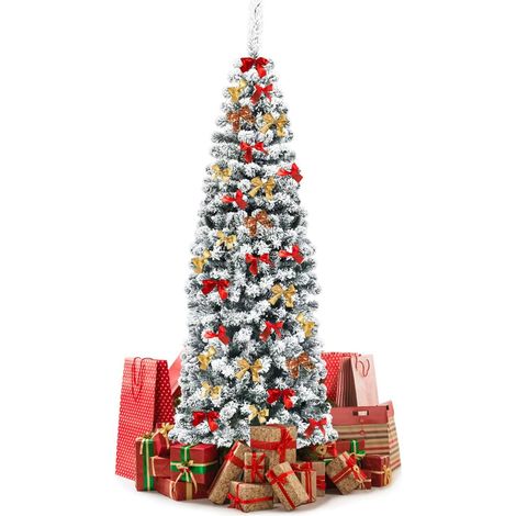 GOPLUS Sapin de Noel Artificiel Enneige Mince 180cm,500 Branches en PVC Ignifuge, Base en Fer, Forme en Crayon,Ouvert Automatique (1/5)