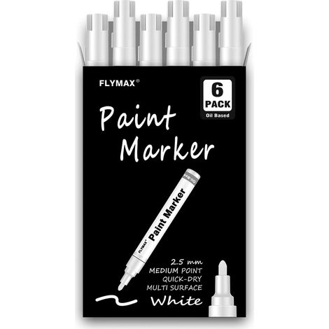 Lot de 6 marqueurs de peinture blanche permanents à pointe moyenne de 2,5 mm pour bois, roche, plastique, cuir, verre, pierre, métal, toile, céramique, tissu, pneu - Peinture à base d'huile (1/5)