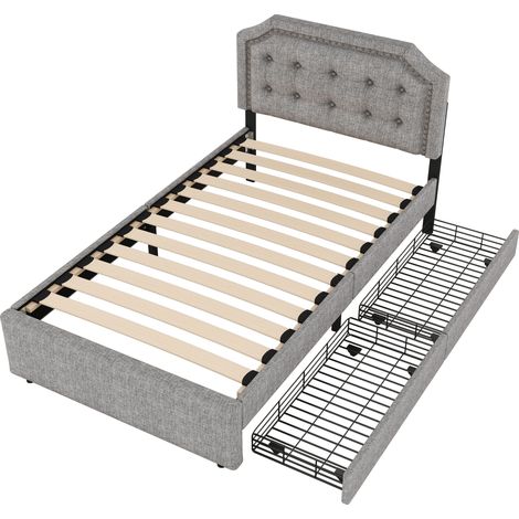 Cama capitoné gris 90 x 200 cm con 2 cajones, cabecero regulable en altura (1/5)