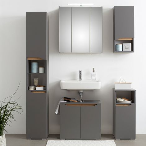 Badezimmer Komplett Set mit Sockelfüßen in Quarzgrau Matt Touch mit Riviera Eiche Nb. QENA-66, B/H/T ca. 140/190/33 cm (1/5)