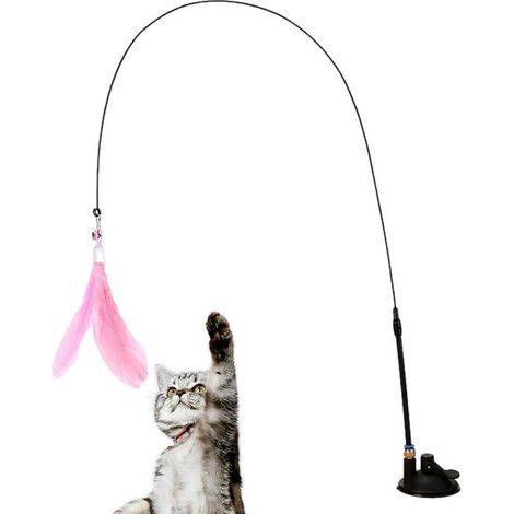 Giocattolo portatile per gatti con piume, piume rimovibili e ventosa, per permettere ai gatti di muoversi e giocare in modo interattivo (nero). (1/5)