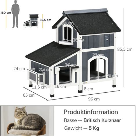 Cabane pour chat en bois de sapin, deux niveaux, multi-entrées, imperméable, toiture en bitume, abri extérieur robuste pour félin. (1/5)