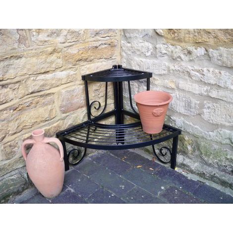 2 Tier Corner Stand - Decorative Garden Shelf - Solid Steel - L43.1 x W82.5 x H50.8 cm - Black