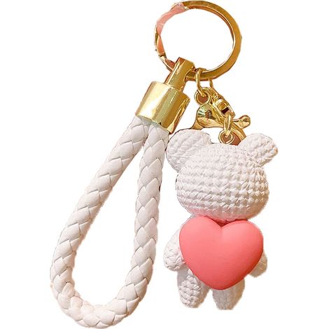 Porte-clés Ours Tissé Blanc avec Cœur Pêche, Pendentif Cartoon pour Sac et Clés (1/5)