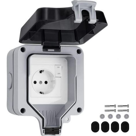 Prise Étanche IP66 avec Interrupteur et Boîte de Derivation Étanche, Prise Extérieure de Anti Poussière Prise Électriques Murale (1/4)