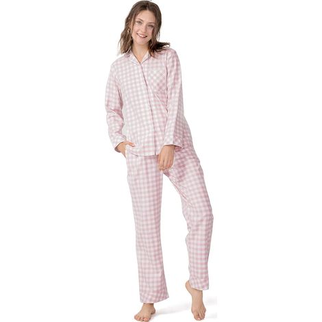 Ensemble pyjama femme en flanelle de coton tissée à carreaux, pyjama manches longues, vêtements de détente (1/5)