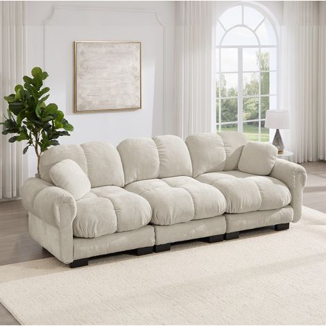 Canapé 3 places 260x86x90 cm en chenille beige, assise épaisse pour salon, confortable – MEUBLIV (1/5)