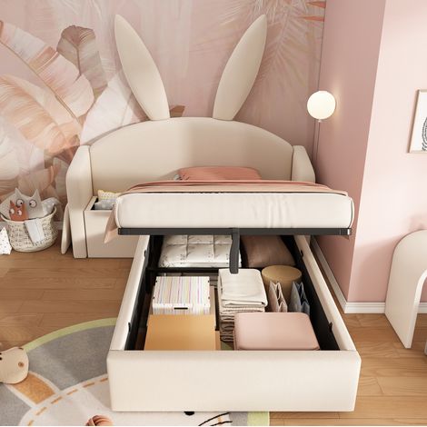 Cama juvenil tapizada con mesita y almacenaje beige OKMYHOME (1/5)