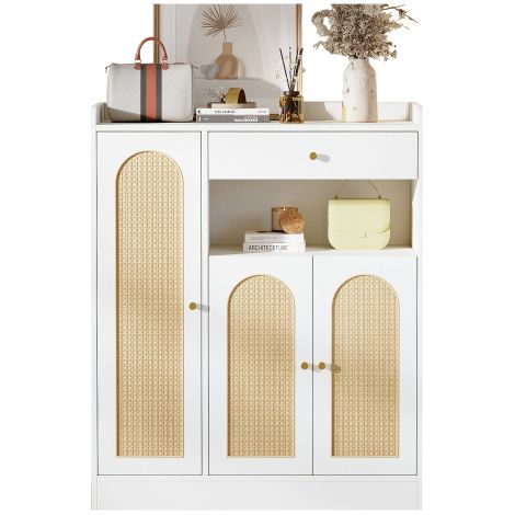 Armoire à chaussures blanche à porte en rotin en forme d'arc dimensions 90×35×110cm 3 portes + 1 tiroir + niche ouverte pour entrée domestique (1/5)