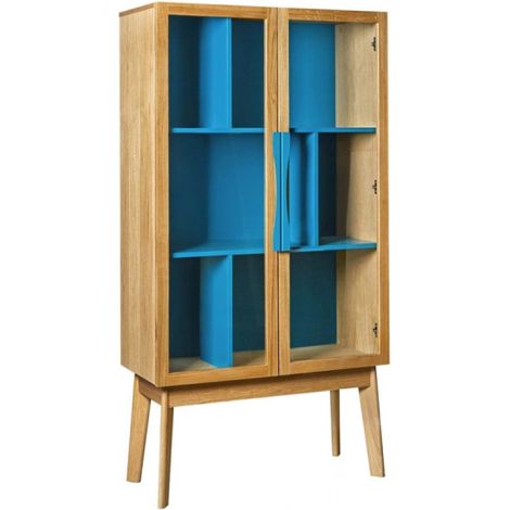 Bibliothèque Vitrine "Avon" 165cm Chêne & Bleu (1/4)