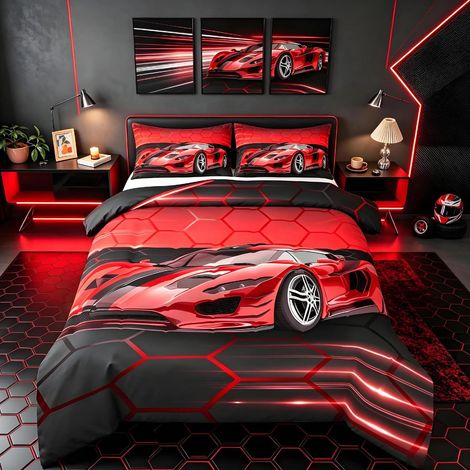 Parure de lit avec housse de couette 135 x 200 cm, motif voiture de course rouge, pour enfant garçon et fille, thème nid d'abeille, décoration de chambre (1/5)