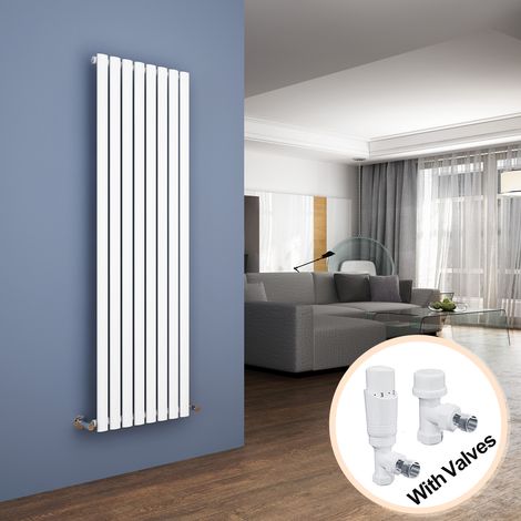ELEGANT Vertical Radiator 1600 x 472mm Single Panel Designer White Oval Column Heating Rad with White Thermostatic Radiator Valves (1/4)