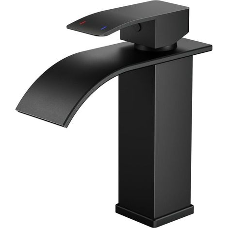 Robinet Salle de Bain Noir, Mitigeur Lavabo Cascade pour Avec une Hauteur de Bec de 110 MM, Économiseur D'eau et D'énergie. (1/5)