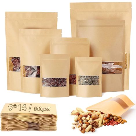 Sachet Kraft - 40 Pièces - Papier Marron - Fenêtre Transparente - Fermeture Zip - 9x14 cm (1/5)