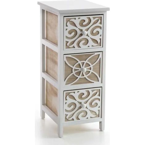 Cómoda de madera blanca 26 x 32 x 62 cm con 3 cajones y frontales tallados