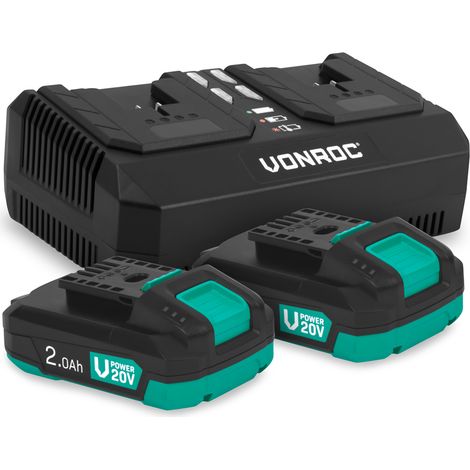 VONROC VPower 20V Kit de Démarrage 2 Batteries 2.0Ah + Chargeur Double Rapide Pour Outils Électroportatifs (1/5)