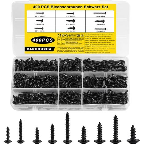 M3 M3.5 M4 M5 Vis Autotaraudeuses, 400 Pièces Vis à Tête Cylindrique à Tête Ronde, Visser à Tôle à Bois à Cruciforme Noires, Visser à Autoperceuse pour Plastique Métal (1/5)