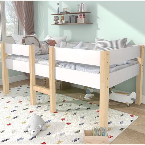 Cama infantil semialta 90x200 cm blanca en madera maciza de pino con barrera de seguridad (1/5)