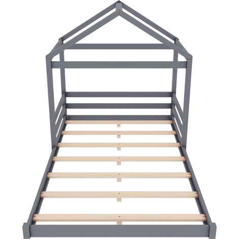 Cama cabaña infantil 140 x 200 cm con somier de láminas, pino y MDF, gris, HOMVRA (1/5)