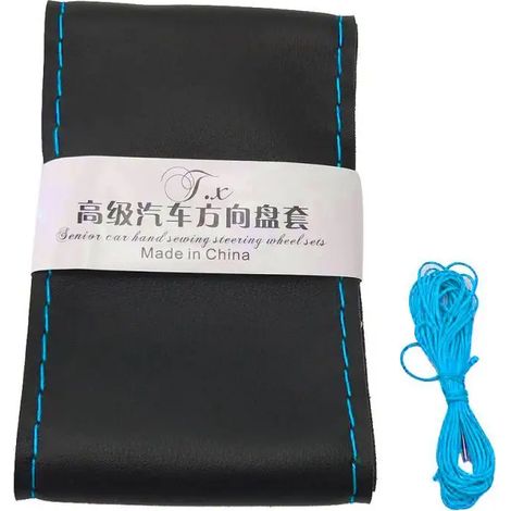 Housse de volant tressée (40 cm, noir et bleu) pour voiture, compatible avec les volants de 36/38/40 cm. Revêtement en similicuir souple texturé. Aiguilles et fil inclus. (1/5)