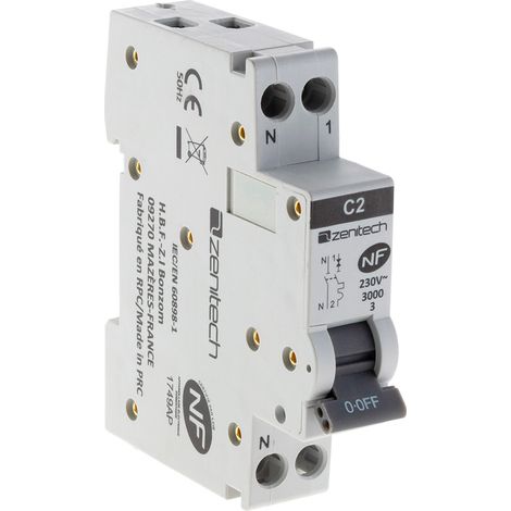 Zenitech – Disjoncteur unipolaire 2A – Courbe de déclenchement 3kA – Installation sur rail DIN – Identification directe du circuit