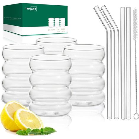 Lot de 4 verres à bulles nervurés avec pailles en verre de 388,5 g, esthétiques, tasses à café glacé, verres à cocktail, verres vintage pour eau, soda, cadeau avec brosse de nettoyage (1/5)