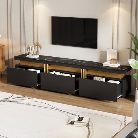 Meuble TV 200 x 40 x 42 cm effet marbre adapté aux téléviseurs jusqu’à 90 pouces trois tiroirs gestion des câbles (1/5)