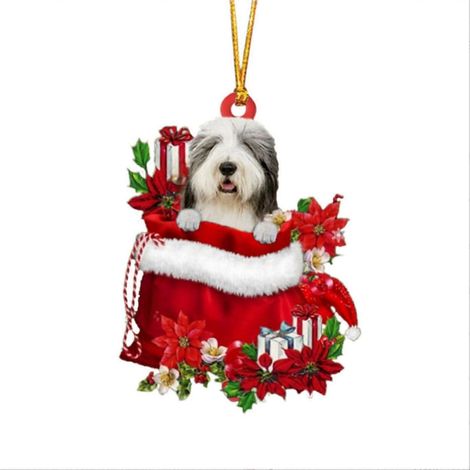 Étiquette de Noël avec de jolies fleurs et un adorable chien - Décorations de Noël - Pendentif sapin de Noël - Décoration de sapin de Noël champêtre - Sapin de Noël vert (1/4)