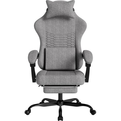 Chaise gaming en tissu avec massage et appui-tête, siège gamer style course ergonomique avec repose-pieds, gris clair
