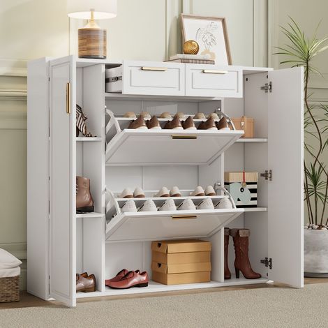 Meuble à chaussures basculant 120x20x110, 2 tiroirs, 2 portes, meuble à chaussures, étagères réglables, poignées dorées, panneaux (1/5)
