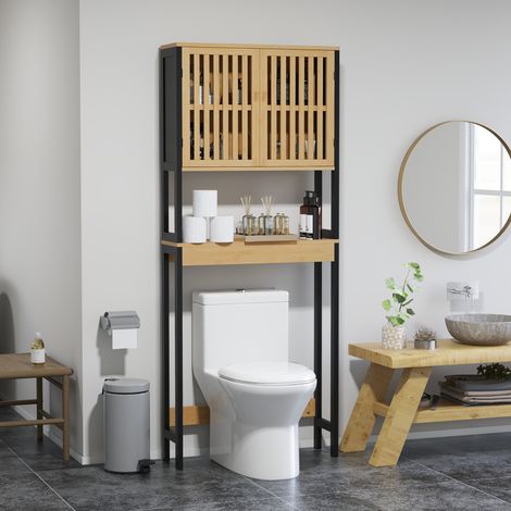 Étagère de toilettes meuble de salle de bain dessus toilette WC avec placard 2 portes et étagère ouverte bambou (1/5)